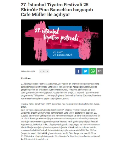t24.com.tr / 27. İstanbul Tiyatro Festivali 25 Ekim'de Pina Bausch'un başyapıtı Cafe Müller ile açılıyor